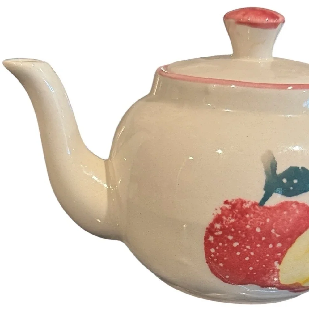 Hand Painted Ceramic Apple Teapot Cream with Pink Trim Cottagecore